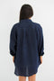 HyperLuxe Linen Button Up Shirt- Navy