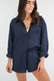 HyperLuxe Linen Button Up Shirt- Navy